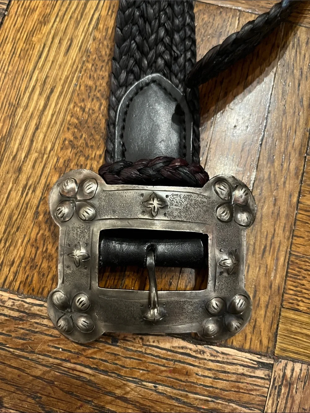 Ralph Lauren Dark Brown Braided Leather Belt with Decorative Silver Buckle 34”